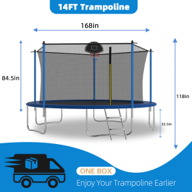 14 FT TRAMPOLINE INSIDE SAFETY NET WITH BASKETBALL HOOP (Color: Blue)