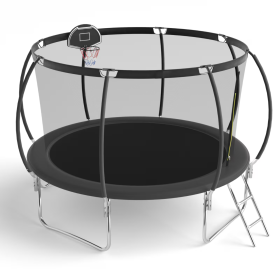 12 FT TRAMPOLINE BLACK PUMPKIN-STYLE SAFETY NET WITH BASKETBALL HOOP (Color: Black)